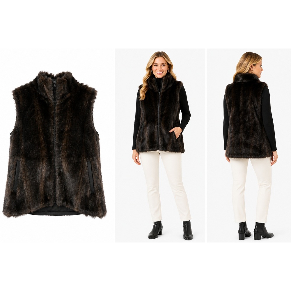 Giacca Gallery Faux Fur Vest M Brown Black Trim Full Zip Cozy Quiet Luxury